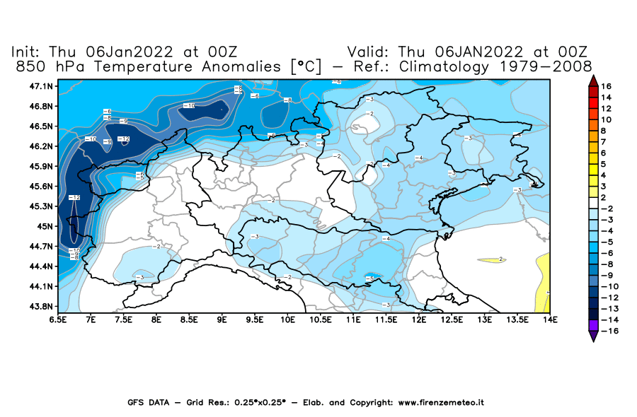 Mappa di analisi GFS - Anomalia Temperatura [°C] a 850 hPa in Nord-Italia
							del 06/01/2022 00 <!--googleoff: index-->UTC<!--googleon: index-->