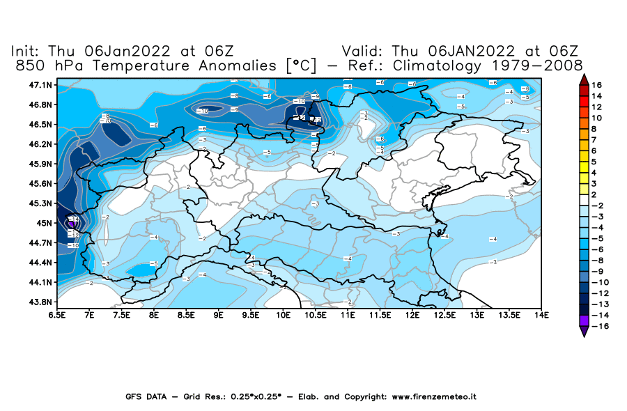 Mappa di analisi GFS - Anomalia Temperatura [°C] a 850 hPa in Nord-Italia
							del 06/01/2022 06 <!--googleoff: index-->UTC<!--googleon: index-->
