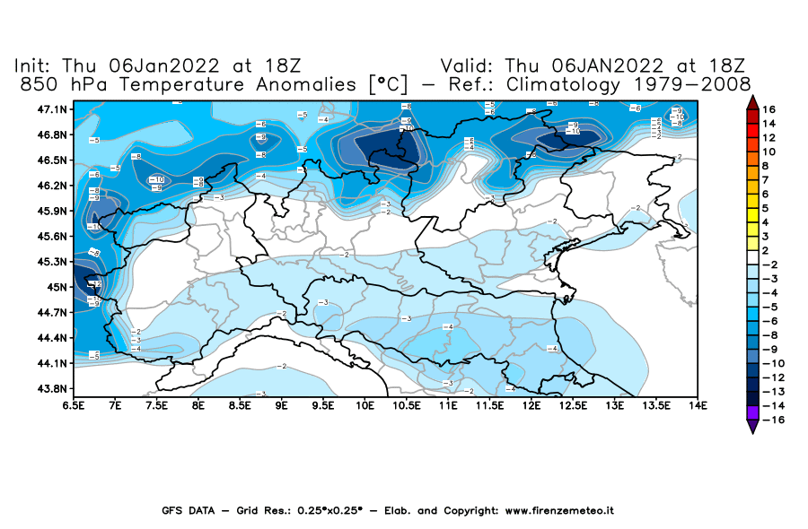Mappa di analisi GFS - Anomalia Temperatura [°C] a 850 hPa in Nord-Italia
							del 06/01/2022 18 <!--googleoff: index-->UTC<!--googleon: index-->