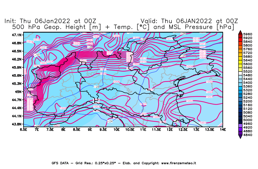 Mappa di analisi GFS - Geopotenziale [m] + Temp. [°C] a 500 hPa + Press. a livello del mare [hPa] in Nord-Italia
							del 06/01/2022 00 <!--googleoff: index-->UTC<!--googleon: index-->