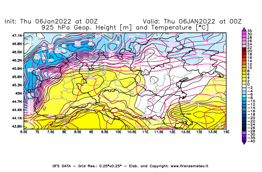 Mappa di analisi GFS - Geopotenziale [m] e Temperatura [°C] a 925 hPa in Nord-Italia
							del 06/01/2022 00 <!--googleoff: index-->UTC<!--googleon: index-->