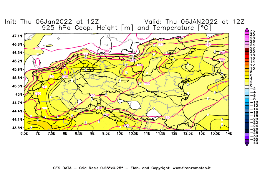 Mappa di analisi GFS - Geopotenziale [m] e Temperatura [°C] a 925 hPa in Nord-Italia
							del 06/01/2022 12 <!--googleoff: index-->UTC<!--googleon: index-->
