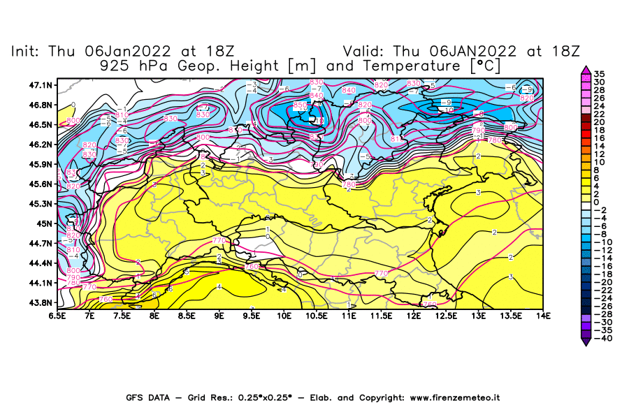 Mappa di analisi GFS - Geopotenziale [m] e Temperatura [°C] a 925 hPa in Nord-Italia
							del 06/01/2022 18 <!--googleoff: index-->UTC<!--googleon: index-->
