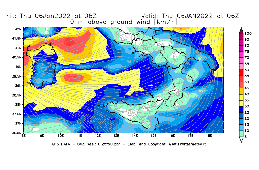 Mappa di analisi GFS - Velocità del vento a 10 metri dal suolo [km/h] in Sud-Italia
							del 06/01/2022 06 <!--googleoff: index-->UTC<!--googleon: index-->
