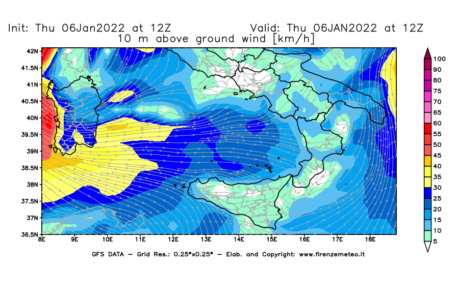 Mappa di analisi GFS - Velocità del vento a 10 metri dal suolo [km/h] in Sud-Italia
							del 06/01/2022 12 <!--googleoff: index-->UTC<!--googleon: index-->
