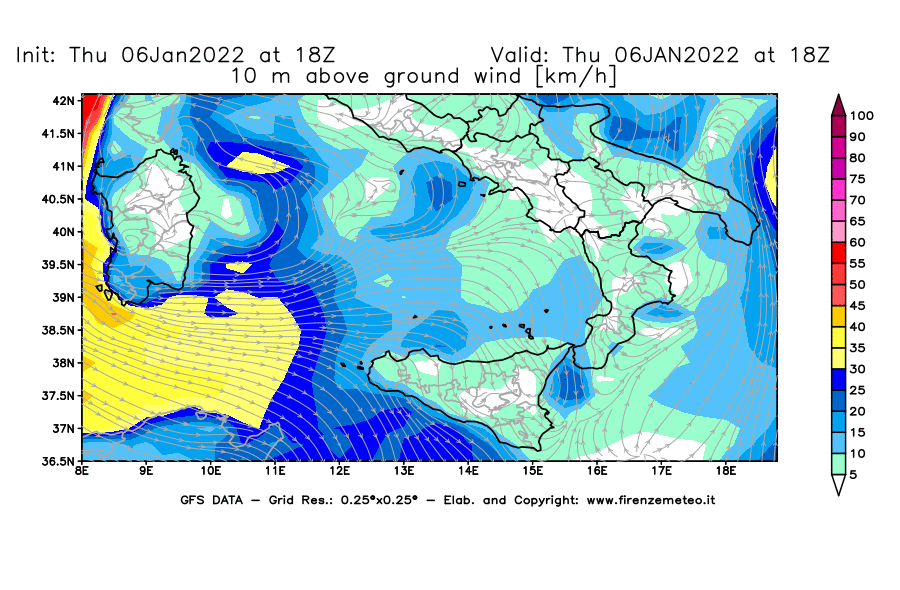 Mappa di analisi GFS - Velocità del vento a 10 metri dal suolo [km/h] in Sud-Italia
							del 06/01/2022 18 <!--googleoff: index-->UTC<!--googleon: index-->