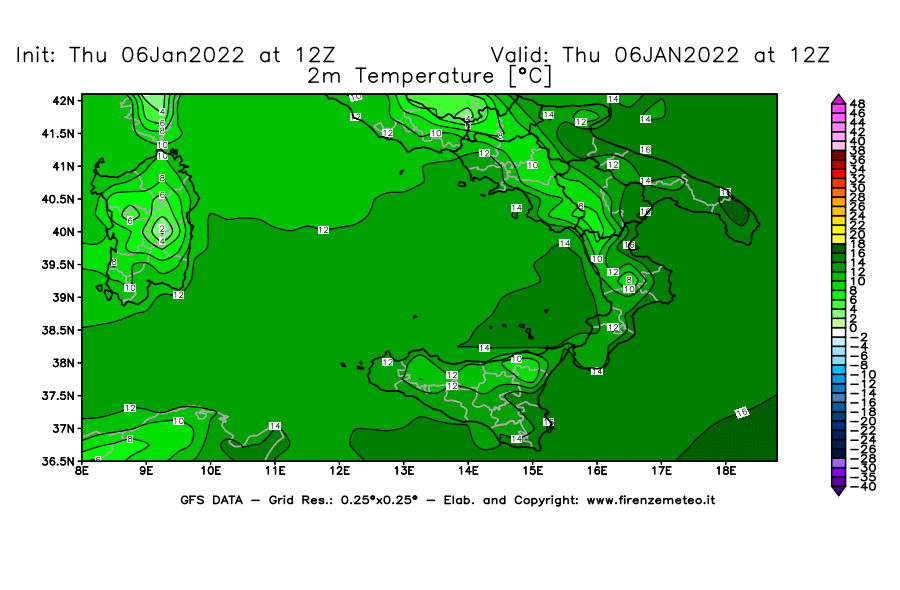 Mappa di analisi GFS - Temperatura a 2 metri dal suolo [°C] in Sud-Italia
							del 06/01/2022 12 <!--googleoff: index-->UTC<!--googleon: index-->