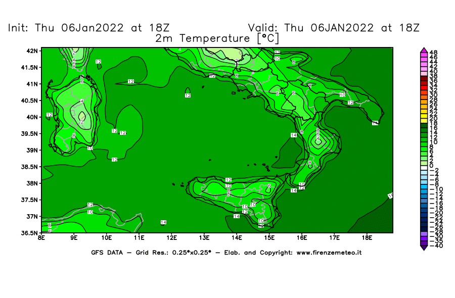 Mappa di analisi GFS - Temperatura a 2 metri dal suolo [°C] in Sud-Italia
							del 06/01/2022 18 <!--googleoff: index-->UTC<!--googleon: index-->