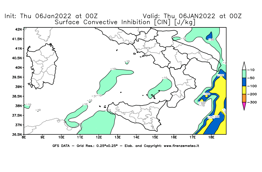 Mappa di analisi GFS - CIN [J/kg] in Sud-Italia
							del 06/01/2022 00 <!--googleoff: index-->UTC<!--googleon: index-->