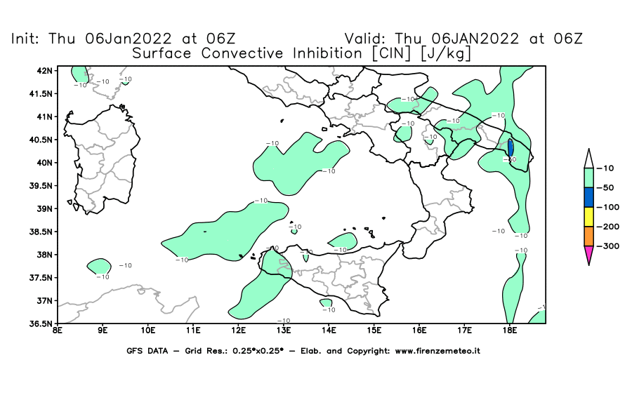 Mappa di analisi GFS - CIN [J/kg] in Sud-Italia
							del 06/01/2022 06 <!--googleoff: index-->UTC<!--googleon: index-->