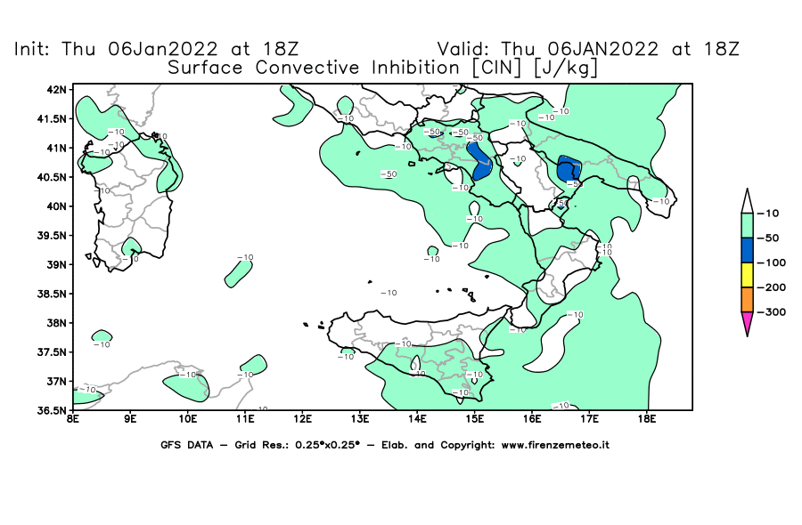 Mappa di analisi GFS - CIN [J/kg] in Sud-Italia
							del 06/01/2022 18 <!--googleoff: index-->UTC<!--googleon: index-->