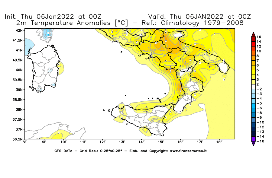 Mappa di analisi GFS - Anomalia Temperatura [°C] a 2 m in Sud-Italia
							del 06/01/2022 00 <!--googleoff: index-->UTC<!--googleon: index-->