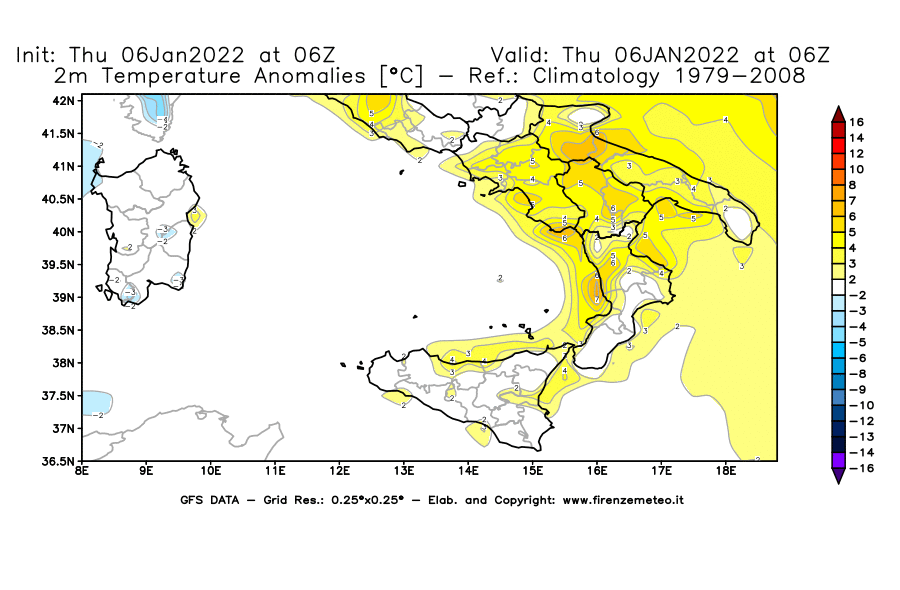 Mappa di analisi GFS - Anomalia Temperatura [°C] a 2 m in Sud-Italia
							del 06/01/2022 06 <!--googleoff: index-->UTC<!--googleon: index-->