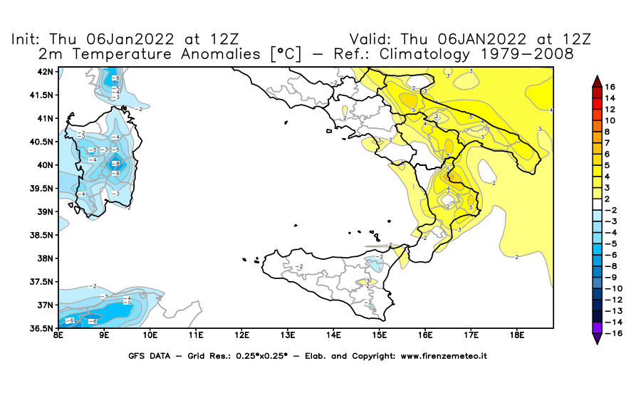 Mappa di analisi GFS - Anomalia Temperatura [°C] a 2 m in Sud-Italia
							del 06/01/2022 12 <!--googleoff: index-->UTC<!--googleon: index-->
