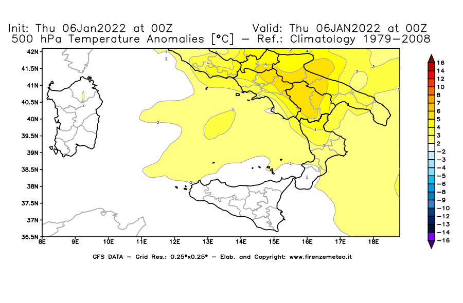 Mappa di analisi GFS - Anomalia Temperatura [°C] a 500 hPa in Sud-Italia
							del 06/01/2022 00 <!--googleoff: index-->UTC<!--googleon: index-->