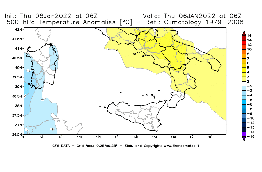Mappa di analisi GFS - Anomalia Temperatura [°C] a 500 hPa in Sud-Italia
							del 06/01/2022 06 <!--googleoff: index-->UTC<!--googleon: index-->