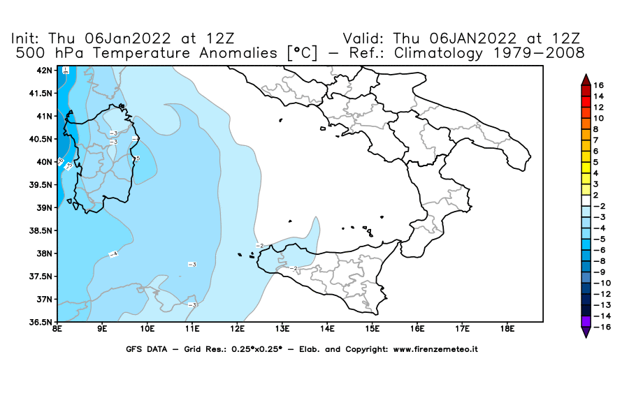 Mappa di analisi GFS - Anomalia Temperatura [°C] a 500 hPa in Sud-Italia
							del 06/01/2022 12 <!--googleoff: index-->UTC<!--googleon: index-->
