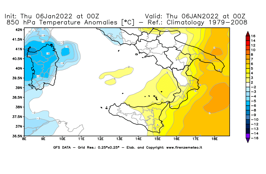 Mappa di analisi GFS - Anomalia Temperatura [°C] a 850 hPa in Sud-Italia
							del 06/01/2022 00 <!--googleoff: index-->UTC<!--googleon: index-->