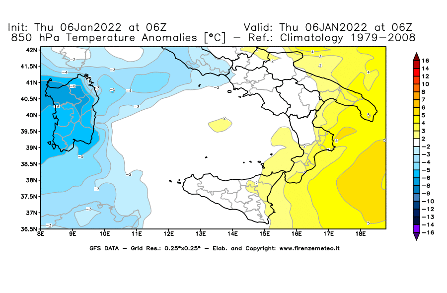 Mappa di analisi GFS - Anomalia Temperatura [°C] a 850 hPa in Sud-Italia
							del 06/01/2022 06 <!--googleoff: index-->UTC<!--googleon: index-->