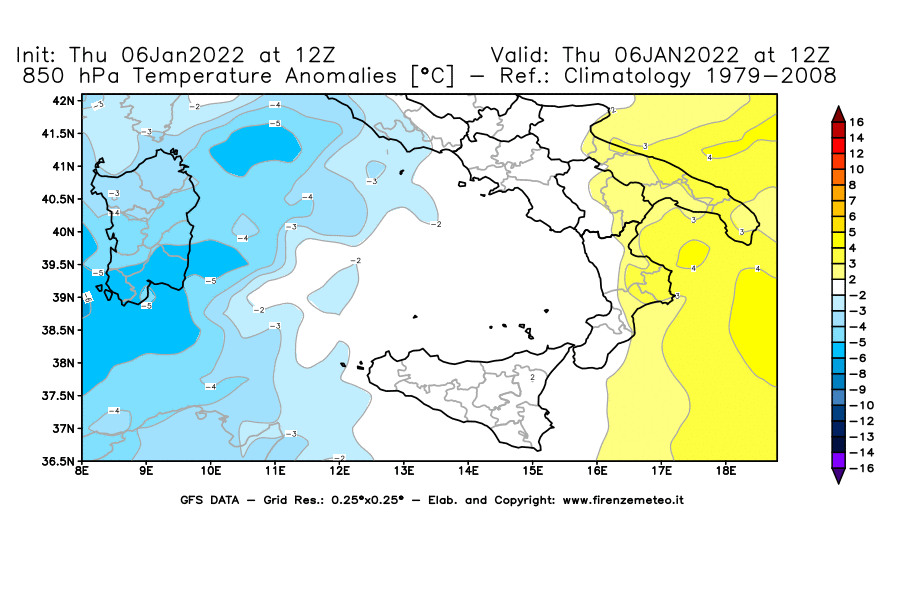 Mappa di analisi GFS - Anomalia Temperatura [°C] a 850 hPa in Sud-Italia
							del 06/01/2022 12 <!--googleoff: index-->UTC<!--googleon: index-->