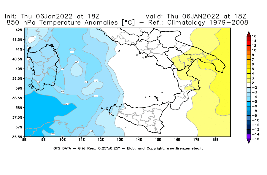 Mappa di analisi GFS - Anomalia Temperatura [°C] a 850 hPa in Sud-Italia
							del 06/01/2022 18 <!--googleoff: index-->UTC<!--googleon: index-->
