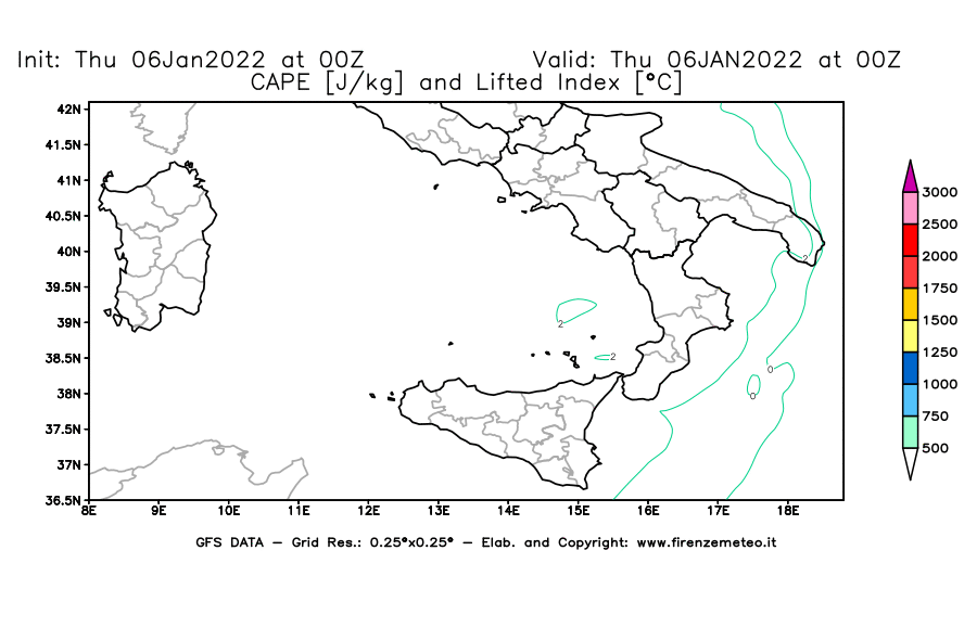Mappa di analisi GFS - CAPE [J/kg] e Lifted Index [°C] in Sud-Italia
							del 06/01/2022 00 <!--googleoff: index-->UTC<!--googleon: index-->