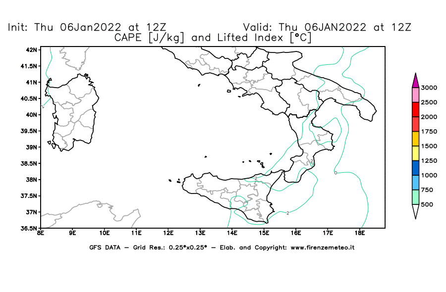 Mappa di analisi GFS - CAPE [J/kg] e Lifted Index [°C] in Sud-Italia
							del 06/01/2022 12 <!--googleoff: index-->UTC<!--googleon: index-->