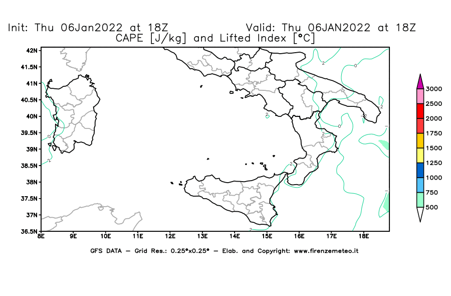 Mappa di analisi GFS - CAPE [J/kg] e Lifted Index [°C] in Sud-Italia
							del 06/01/2022 18 <!--googleoff: index-->UTC<!--googleon: index-->