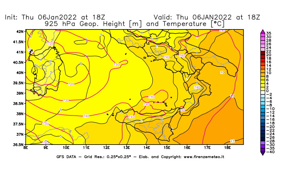 Mappa di analisi GFS - Geopotenziale [m] e Temperatura [°C] a 925 hPa in Sud-Italia
							del 06/01/2022 18 <!--googleoff: index-->UTC<!--googleon: index-->