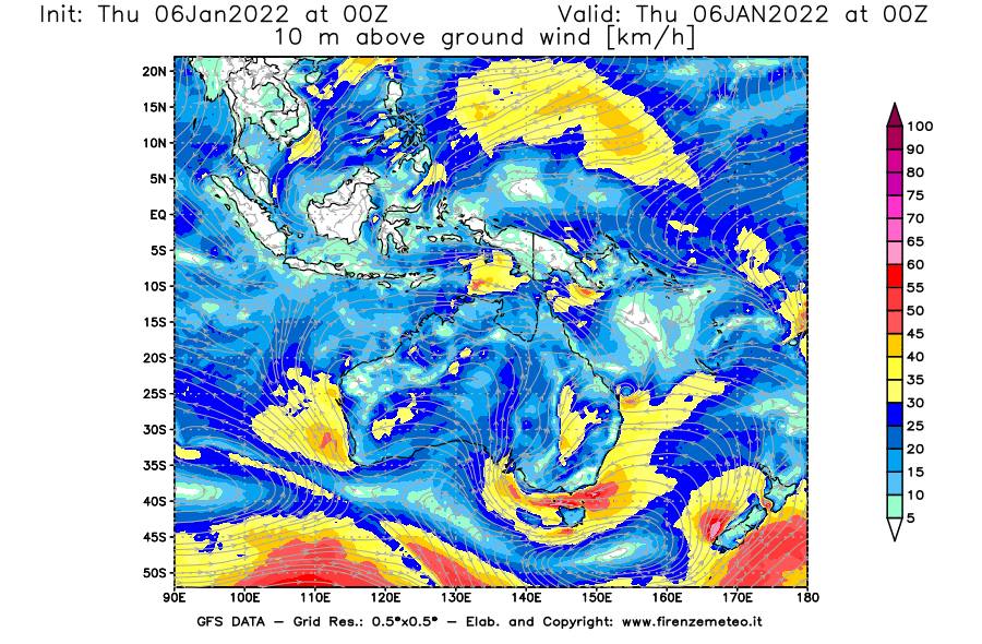 Mappa di analisi GFS - Velocità del vento a 10 metri dal suolo [km/h] in Oceania
							del 06/01/2022 00 <!--googleoff: index-->UTC<!--googleon: index-->