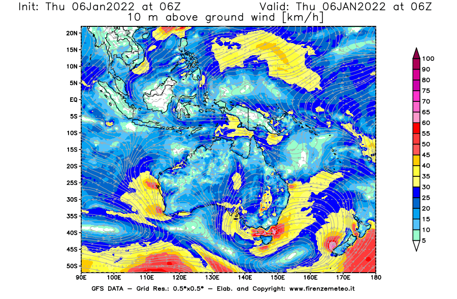Mappa di analisi GFS - Velocità del vento a 10 metri dal suolo [km/h] in Oceania
							del 06/01/2022 06 <!--googleoff: index-->UTC<!--googleon: index-->