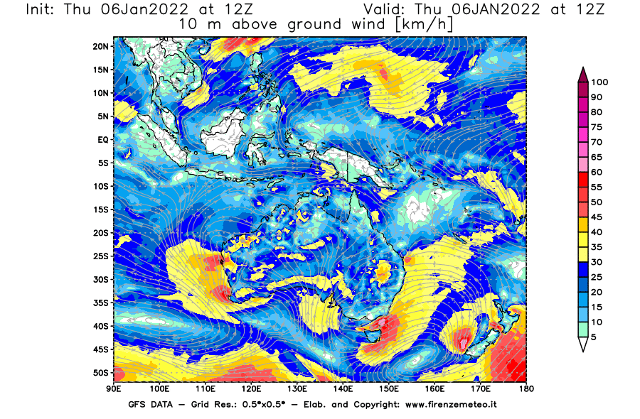 Mappa di analisi GFS - Velocità del vento a 10 metri dal suolo [km/h] in Oceania
							del 06/01/2022 12 <!--googleoff: index-->UTC<!--googleon: index-->
