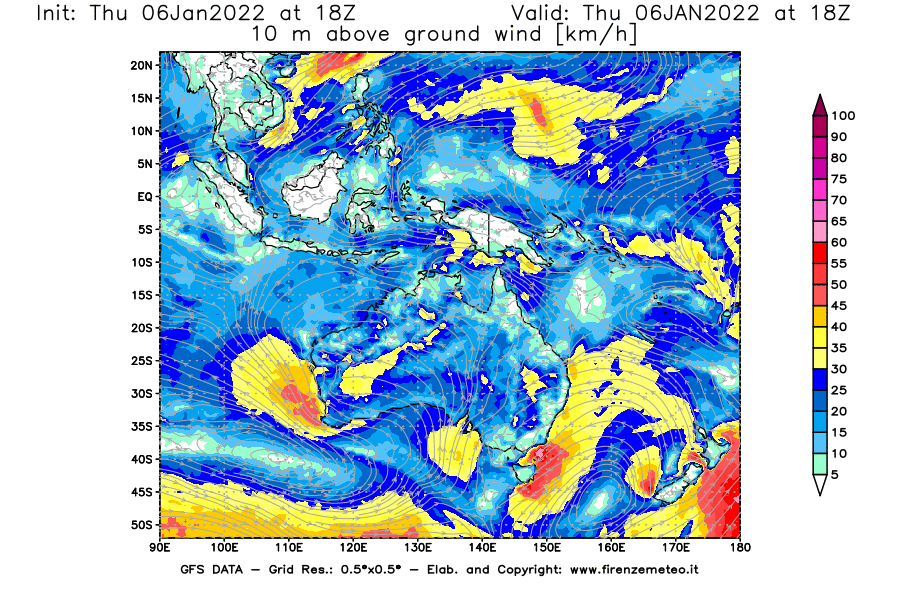 Mappa di analisi GFS - Velocità del vento a 10 metri dal suolo [km/h] in Oceania
							del 06/01/2022 18 <!--googleoff: index-->UTC<!--googleon: index-->