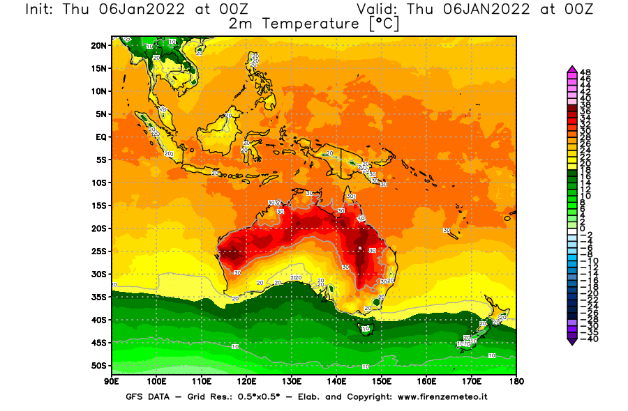 Mappa di analisi GFS - Temperatura a 2 metri dal suolo [°C] in Oceania
							del 06/01/2022 00 <!--googleoff: index-->UTC<!--googleon: index-->