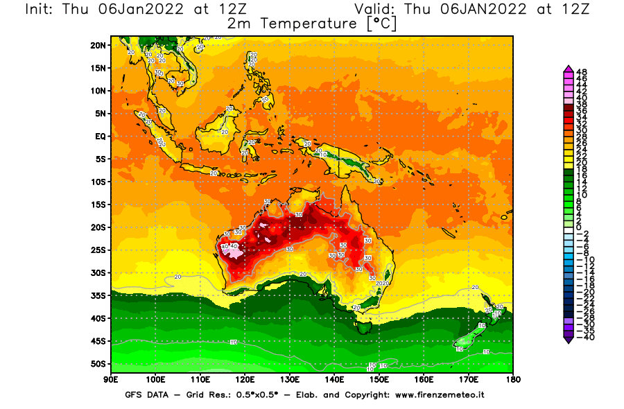Mappa di analisi GFS - Temperatura a 2 metri dal suolo [°C] in Oceania
							del 06/01/2022 12 <!--googleoff: index-->UTC<!--googleon: index-->