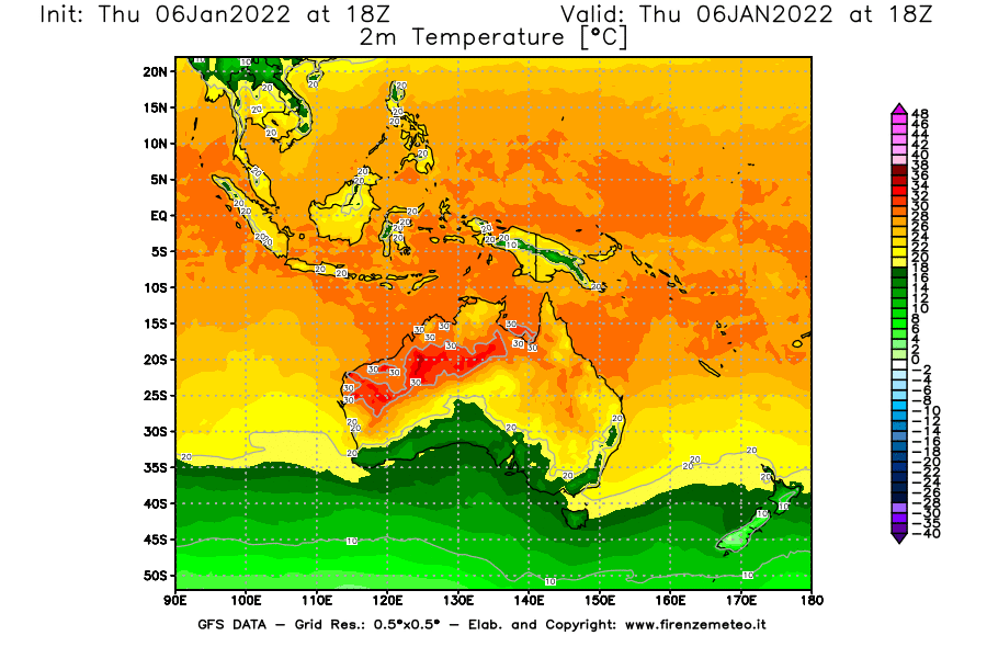 Mappa di analisi GFS - Temperatura a 2 metri dal suolo [°C] in Oceania
							del 06/01/2022 18 <!--googleoff: index-->UTC<!--googleon: index-->
