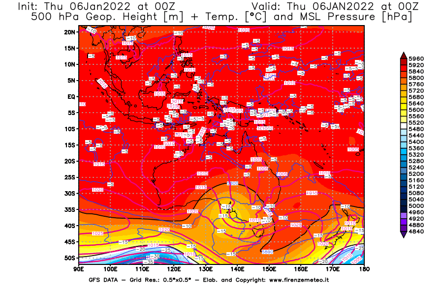 Mappa di analisi GFS - Geopotenziale [m] + Temp. [°C] a 500 hPa + Press. a livello del mare [hPa] in Oceania
							del 06/01/2022 00 <!--googleoff: index-->UTC<!--googleon: index-->