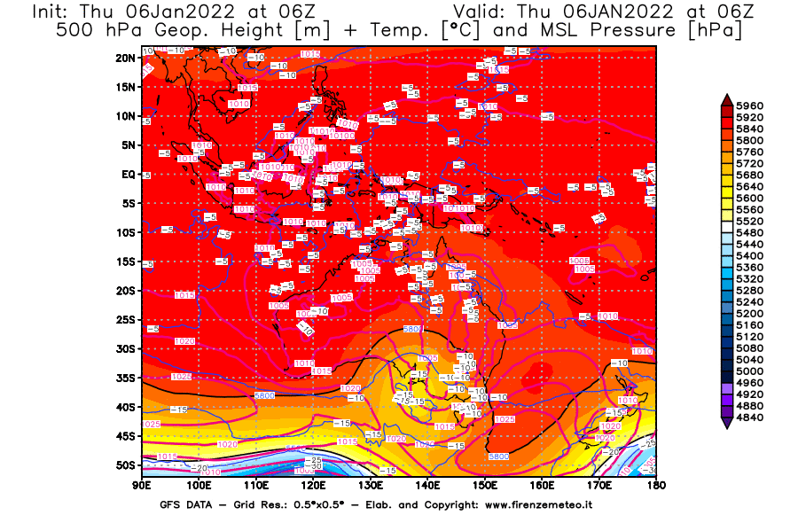 Mappa di analisi GFS - Geopotenziale [m] + Temp. [°C] a 500 hPa + Press. a livello del mare [hPa] in Oceania
							del 06/01/2022 06 <!--googleoff: index-->UTC<!--googleon: index-->