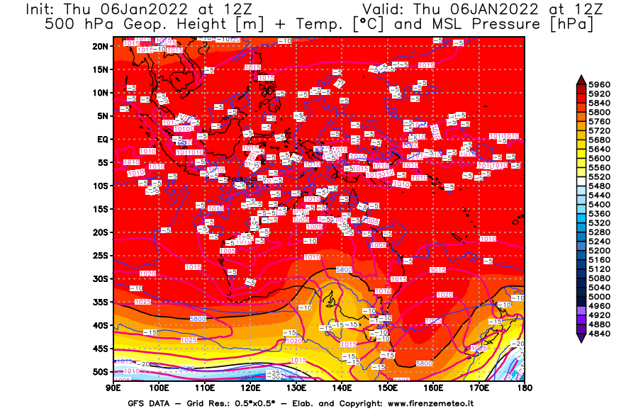Mappa di analisi GFS - Geopotenziale [m] + Temp. [°C] a 500 hPa + Press. a livello del mare [hPa] in Oceania
							del 06/01/2022 12 <!--googleoff: index-->UTC<!--googleon: index-->