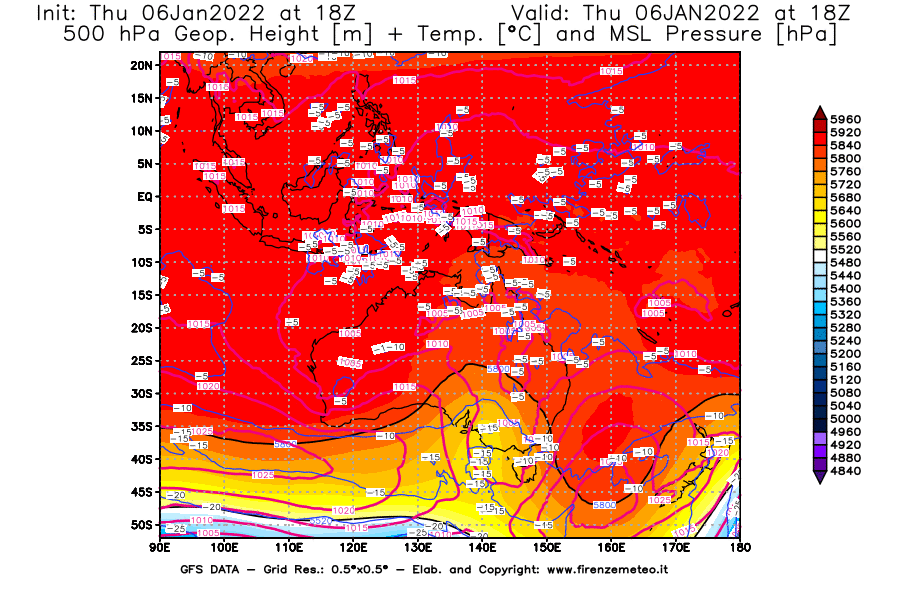 Mappa di analisi GFS - Geopotenziale [m] + Temp. [°C] a 500 hPa + Press. a livello del mare [hPa] in Oceania
							del 06/01/2022 18 <!--googleoff: index-->UTC<!--googleon: index-->