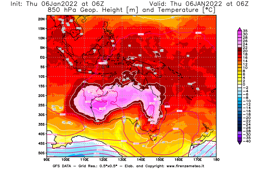 Mappa di analisi GFS - Geopotenziale [m] e Temperatura [°C] a 850 hPa in Oceania
							del 06/01/2022 06 <!--googleoff: index-->UTC<!--googleon: index-->