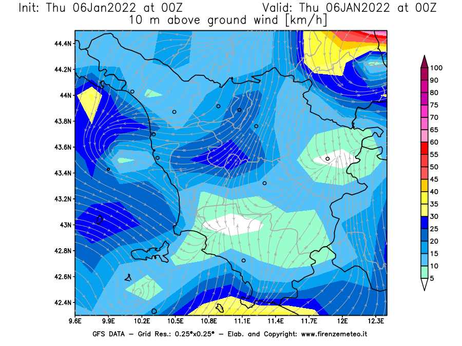 Mappa di analisi GFS - Velocità del vento a 10 metri dal suolo [km/h] in Toscana
							del 06/01/2022 00 <!--googleoff: index-->UTC<!--googleon: index-->