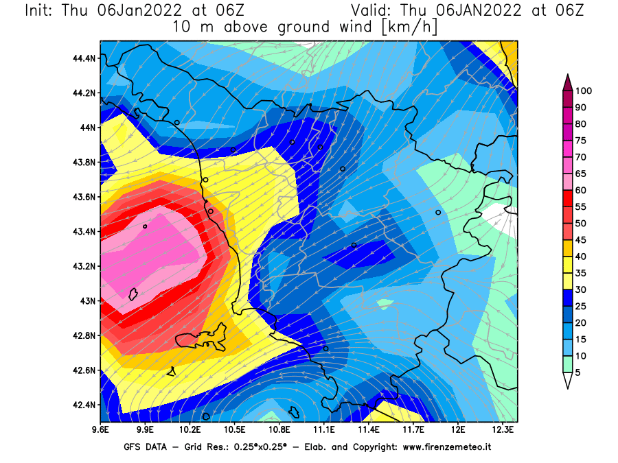 Mappa di analisi GFS - Velocità del vento a 10 metri dal suolo [km/h] in Toscana
							del 06/01/2022 06 <!--googleoff: index-->UTC<!--googleon: index-->