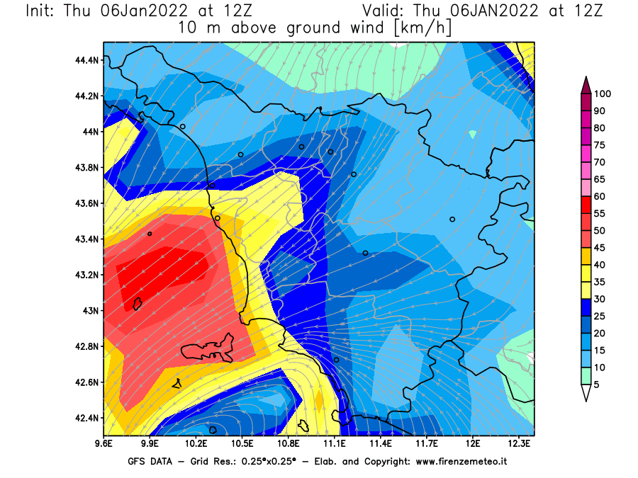 Mappa di analisi GFS - Velocità del vento a 10 metri dal suolo [km/h] in Toscana
							del 06/01/2022 12 <!--googleoff: index-->UTC<!--googleon: index-->