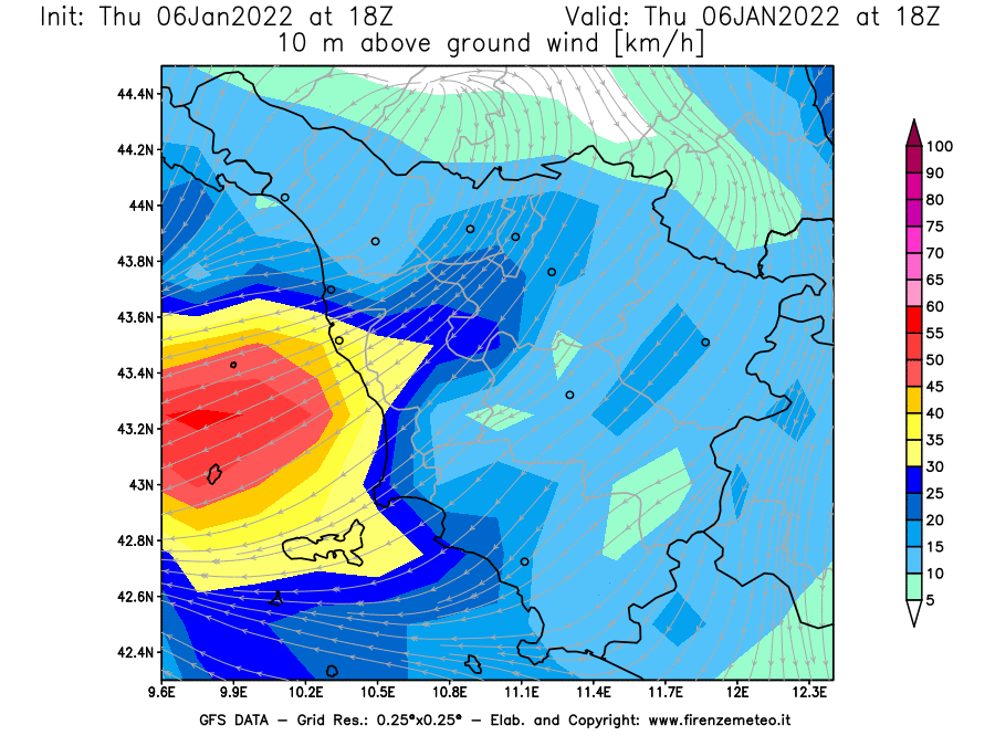 Mappa di analisi GFS - Velocità del vento a 10 metri dal suolo [km/h] in Toscana
							del 06/01/2022 18 <!--googleoff: index-->UTC<!--googleon: index-->