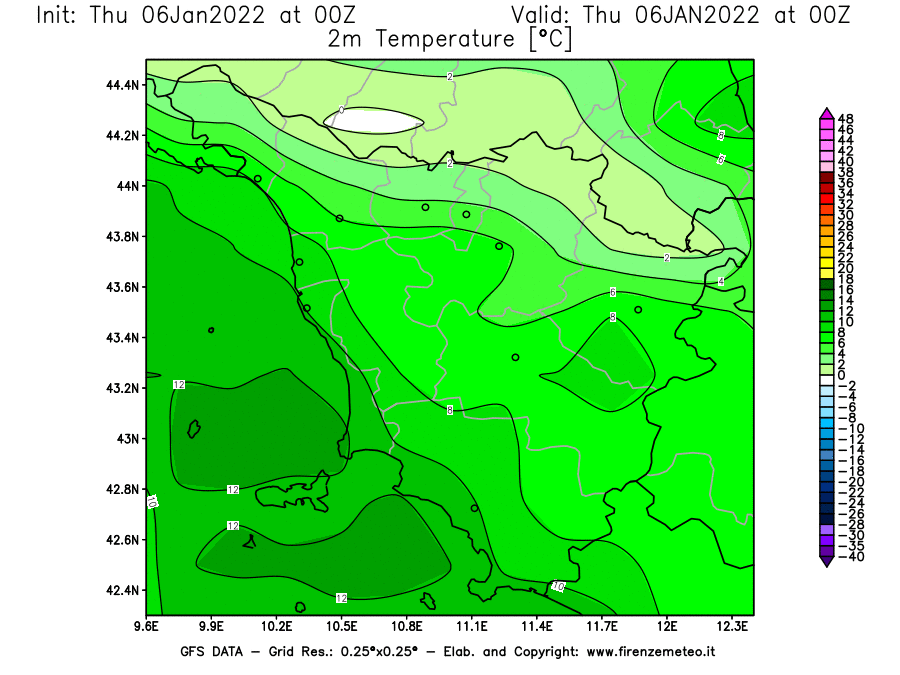 Mappa di analisi GFS - Temperatura a 2 metri dal suolo [°C] in Toscana
							del 06/01/2022 00 <!--googleoff: index-->UTC<!--googleon: index-->