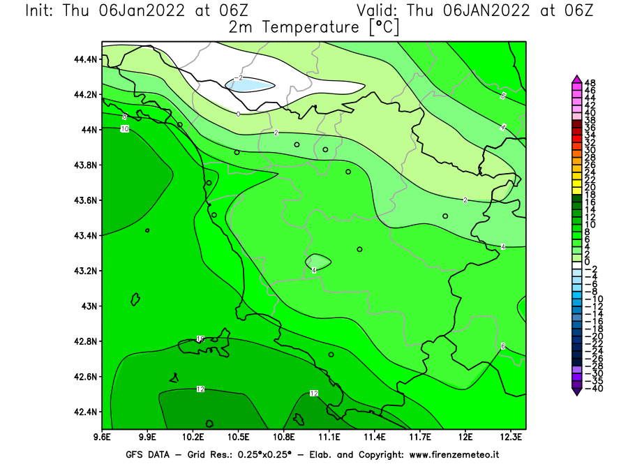 Mappa di analisi GFS - Temperatura a 2 metri dal suolo [°C] in Toscana
							del 06/01/2022 06 <!--googleoff: index-->UTC<!--googleon: index-->