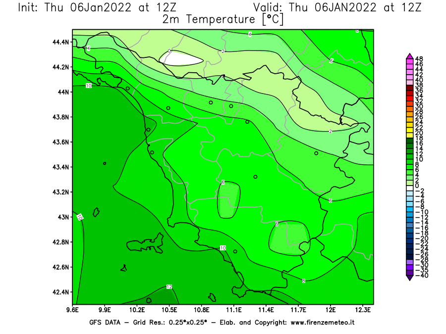 Mappa di analisi GFS - Temperatura a 2 metri dal suolo [°C] in Toscana
							del 06/01/2022 12 <!--googleoff: index-->UTC<!--googleon: index-->