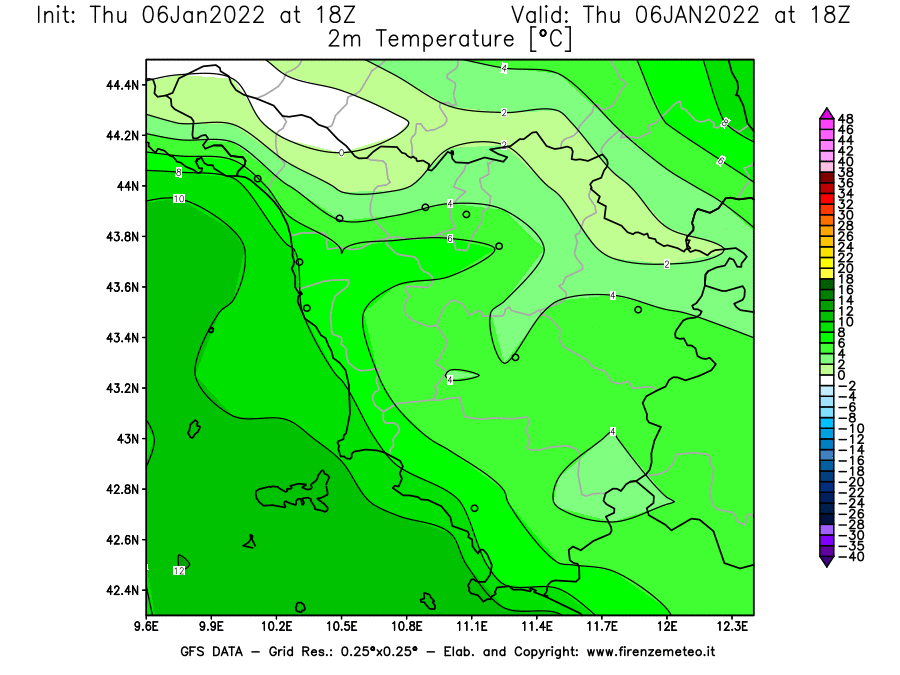 Mappa di analisi GFS - Temperatura a 2 metri dal suolo [°C] in Toscana
							del 06/01/2022 18 <!--googleoff: index-->UTC<!--googleon: index-->