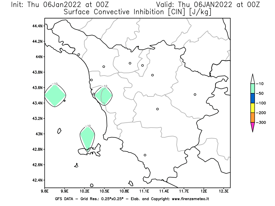Mappa di analisi GFS - CIN [J/kg] in Toscana
							del 06/01/2022 00 <!--googleoff: index-->UTC<!--googleon: index-->